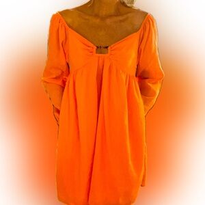 Sassy, short, tangerine, long sleeve on or off shoulder dress with pockets sz M